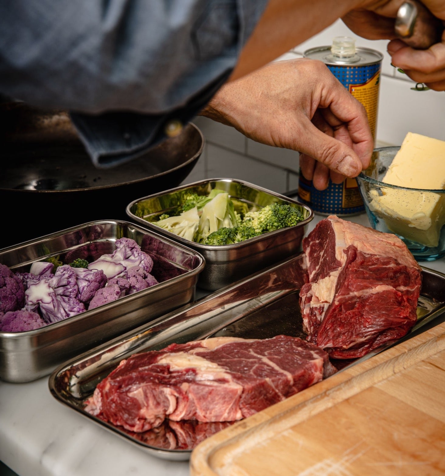 kött och grönsaker i mise en place